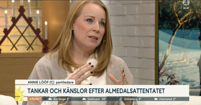 I intervjun i Nyhetsmorgon berättar Annie Lööf om hur rättegången mot Theodor Engström påverkat henne. Annie Lööf i Nyhetsmorgon.