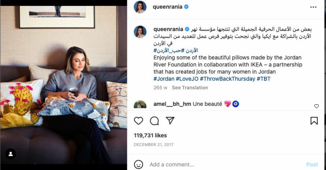 Drottning Rania av Jordanien har miljontals följare på Instagram. Drottning Rania av Jordanien