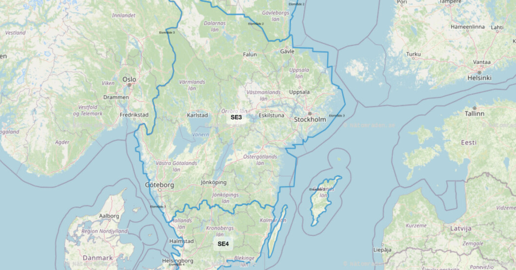 Karta över elnätområde 3 och 4 i Sverige.