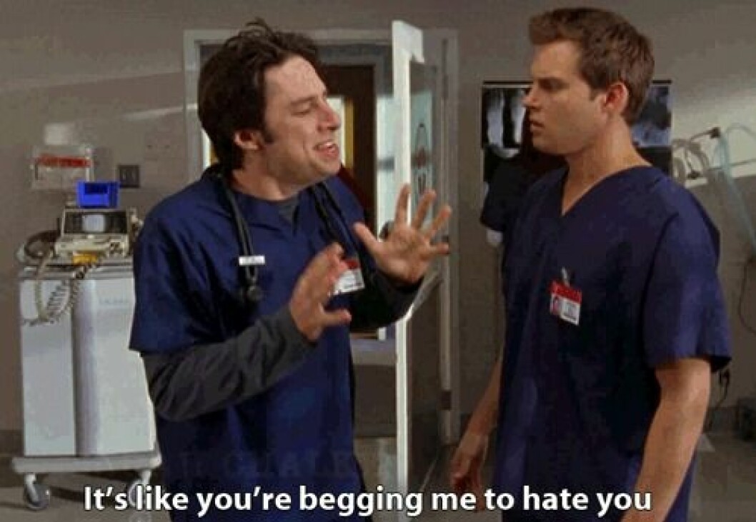 Via <a href="http://giphy.com/gifs/hate-scrubs-zach-braff-7SEOvVtOdtU2Y" target="_blank">Giphy.com</a> scrubs