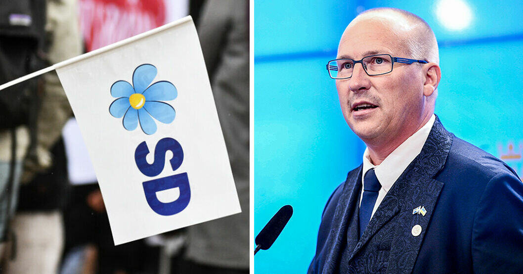 En SD-flagga och Mikael Eskilandersson (SD), ordförande för partidistriktet i Skåne.