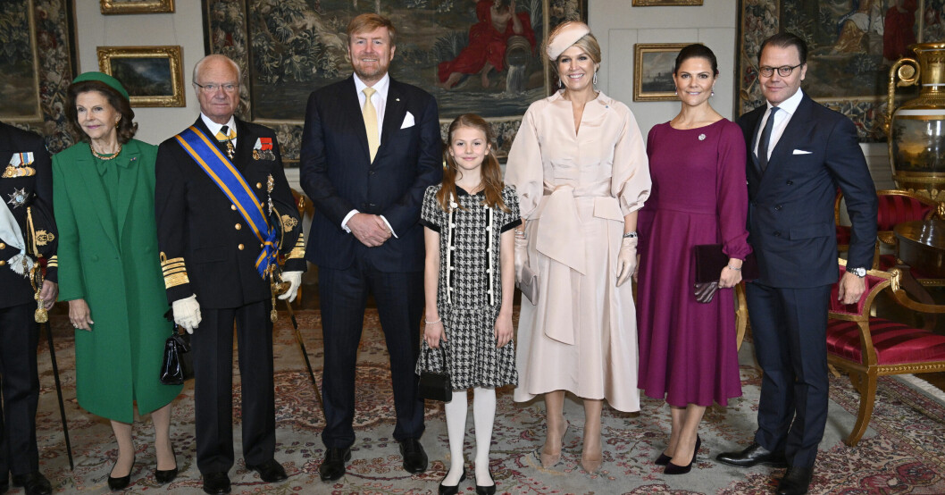 Drottning Silvia, kung Carl Gustaf, kung Willem-Alexander, drottning Máxima, prinsessan Estelle, kronprinsessan Victoria och prins Daniel i stora gästvåning på Kungliga slottet i samband med välkomstceremonin. Statsbesöket på kungliga slottet i stockholm.