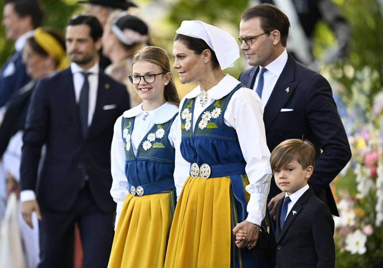 Kronprinsessan Victoria med prins Daniel, prinsessan Estelle och prins Oscar under nationaldagsfirandet på Skansen