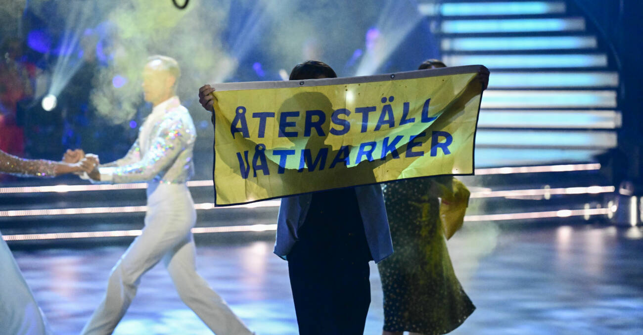 Aktivister med budskapet Återställ våtmarker tog sig in på dansgolvet under Charlotte Kallas dansnummer under finalen i Let's Dance 2023