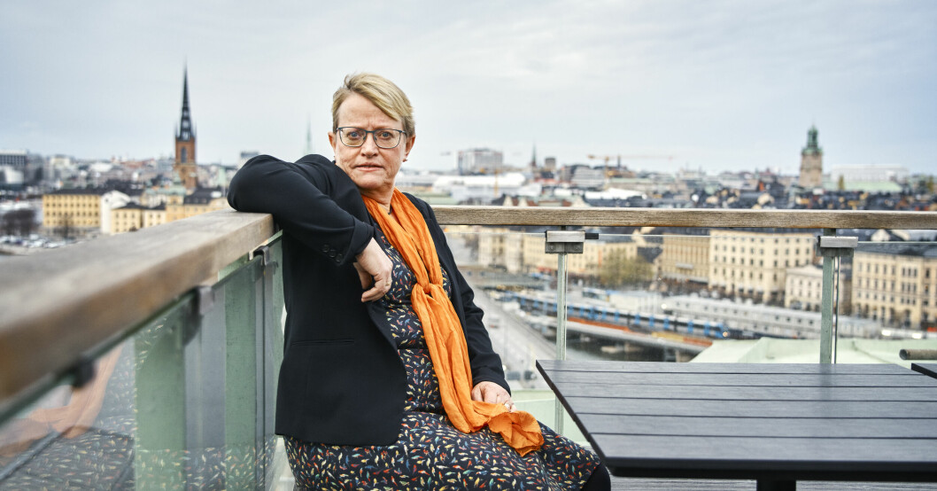 Ing-Marie Wieselgren fotas på ett tak.