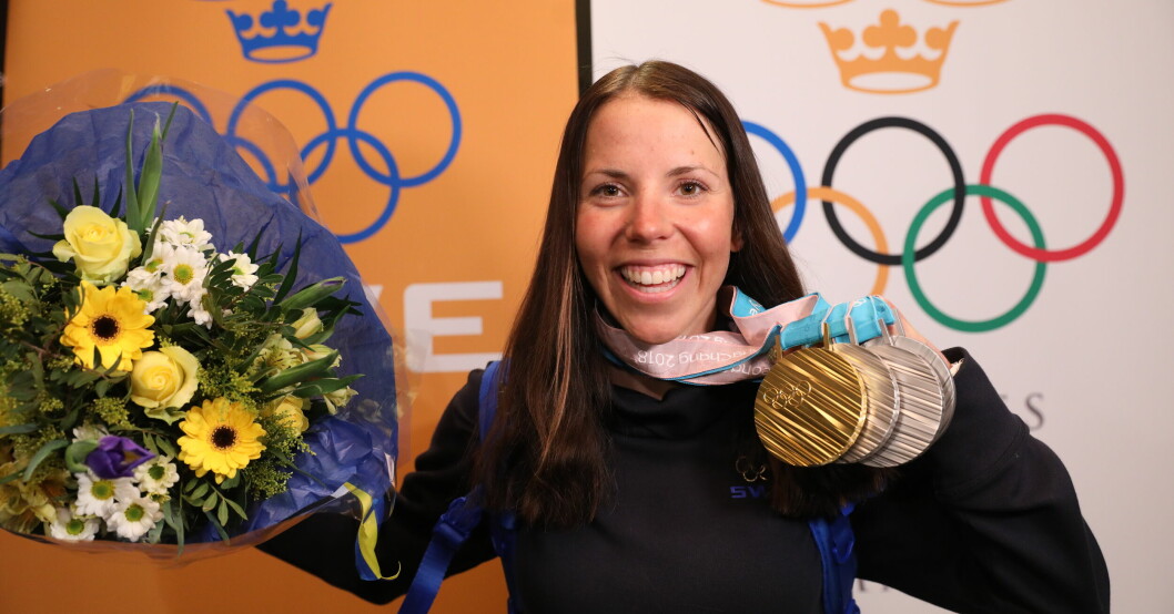 Charlotte Kalla på Arlanda efter vinter-OS i Pyeongchang, Sydkorea, 2018. Kalla tog ett guld och tre silver. Charlotte Kalla