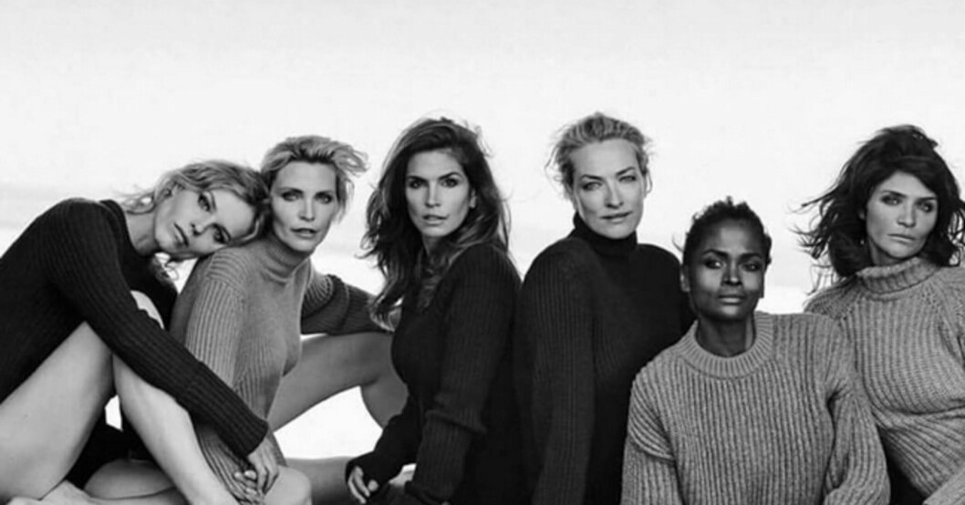 Tatjana Patitz tillsammans med modellerna Cindy Crawford, Nadja Auermann, Eva Herzigova, Karen Alexander och Helena Christensen.