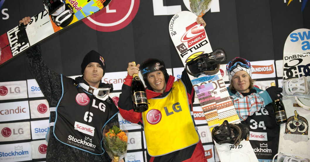 Final i LG Snowboard FIS World Cup 2009. Från vänster, Silvermedaljören Marko Grilc, Slovenien, guldmedaljören Stefan Grimpl, Österrike och bronsmedaljören Gjermund Braaten, Norge. Marko Grilc, Stefan Grimpl och Gjermund Braaten