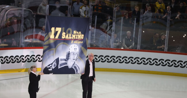 Börje Salmings tröja med nummer 17 hissas i Brynäs hemmaarena innan hyllningsmatchen "Game for Börje". Börje Salmings vepa hissas i Brynäs hemmaarena innan välgörenhetsmatchen "Game for Börje".
