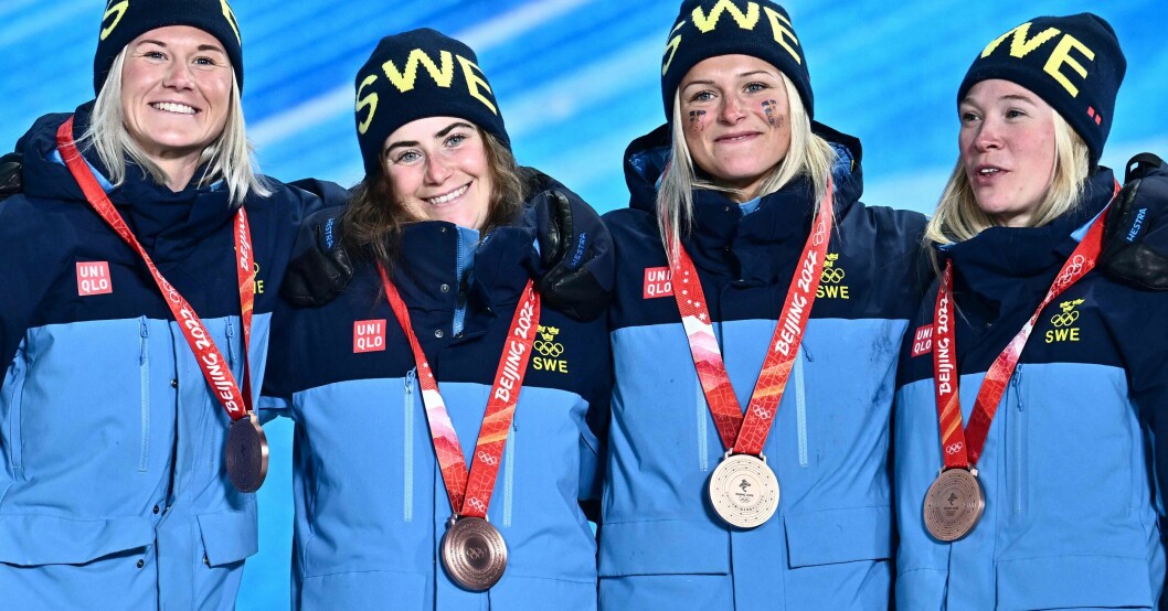 Damernas stafettlag som tog brons under OS i Peking 2022. Maja Dahlqvist, Ebba Andersson, Frida Karlsson och Jonna Sundling.