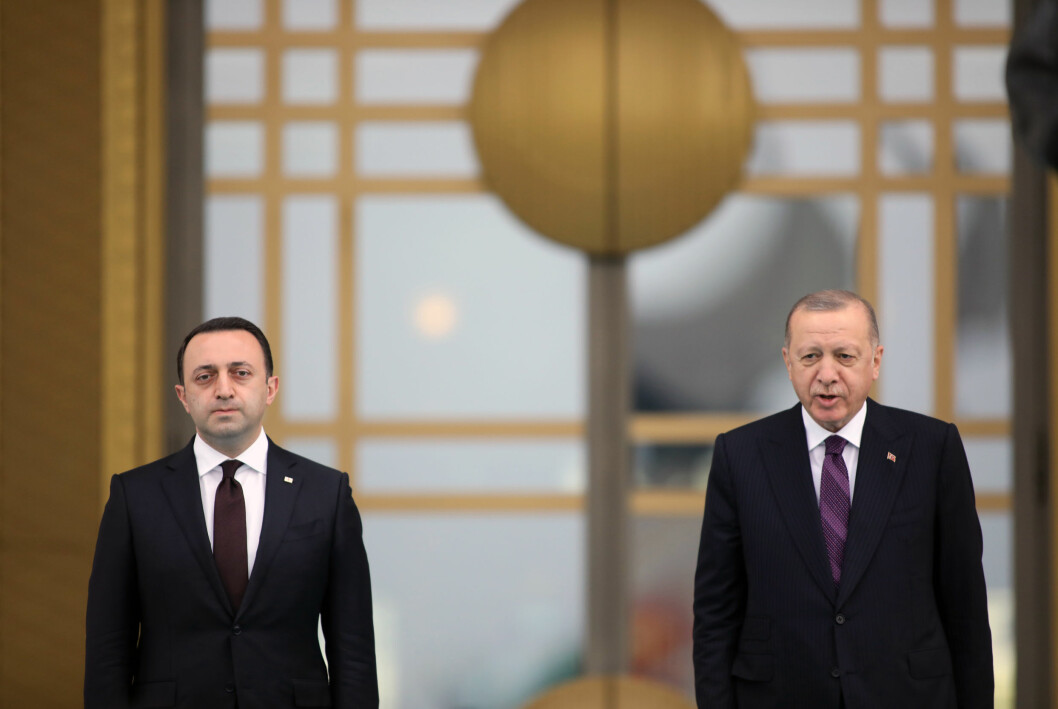 Premiärminister Irakli Garibashvili väljer att skylla våldet på Pride. Här står han tillsammans Turkiets president med Recep Tayyip Erdogan. Premiärminister Irakli Garibashvili tillsammans Turkiets president med Recep Tayyip Erdogan.
