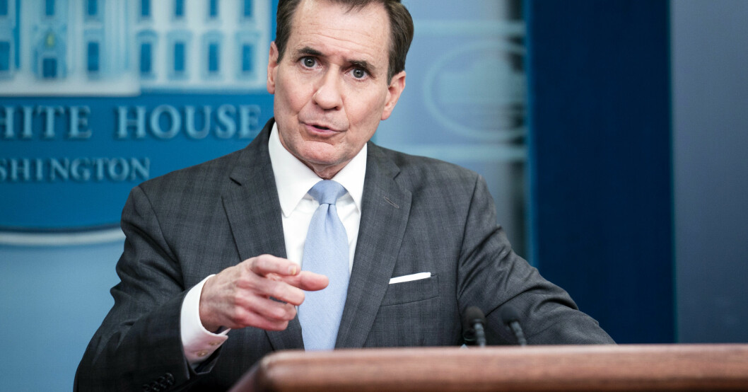 John Kirby, talesperson för Vita huset på en presskonferens på fredagen. John Kirby på en presskonferens på fredagen.