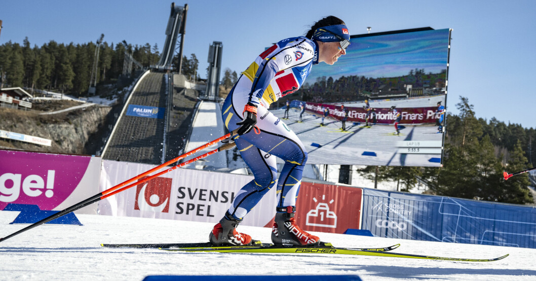 Charlotte Kalla körde mixedstafett i världscupen i Falun tidigare i mars. Charlotte Kalla