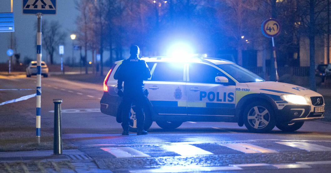En polis framför en polisbil i mörkret