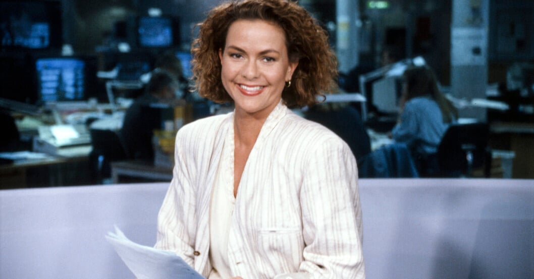 Anna Lindmarker 1990 när hon var nyhetsankare på <em>Aktuellt</em> i SVT.