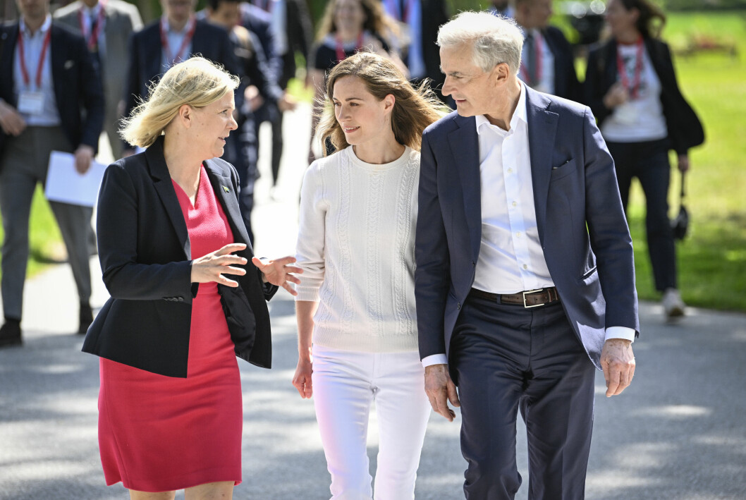 Sveriges statsminister, Magdalena Andersson, Finlands statsminister Sanna Marin och Norges statsminister Jonas Gahr Støre i Bommersvik.