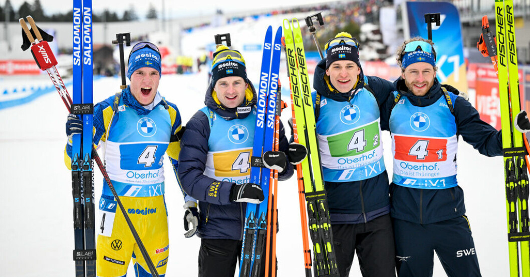 Sebastian Samuelsson, Jesper Nelin, Martin Ponsiluoma och Peppe Femling efter att ha tagit brons i herrarnas stafett. Svenskt stafettbrons och medaljrekord efter vändning