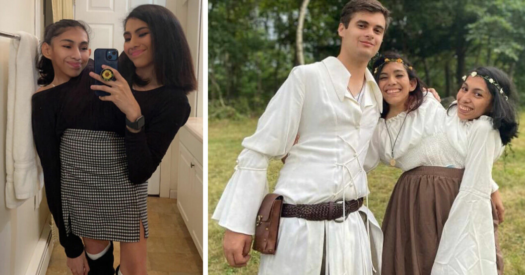 Lupita och Carmen Andrade när de tar en mobilselfie i spegeln. Till höger håller Carmens pojkvän Daniel om dem.
