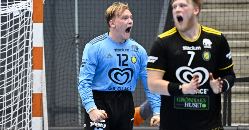 Simon Möller storspelade i målet för Sävehof. På bilden syns också hans bror Felix Möller. "Superhjälte" i målet bakom Sävehofs finalseger