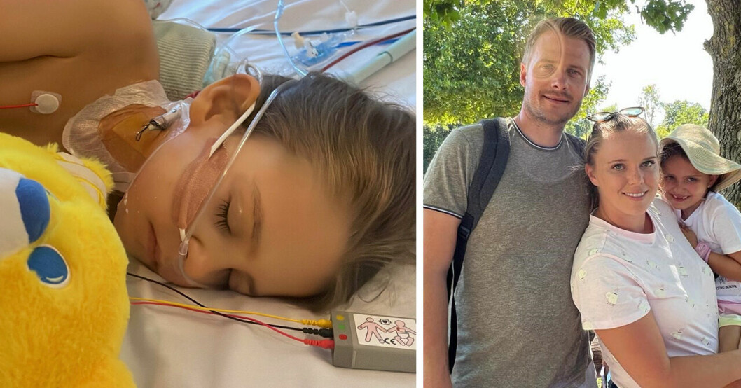 Esmee i sin sjukhussäng och Esmee tillsammans med sin mamma och pappa.