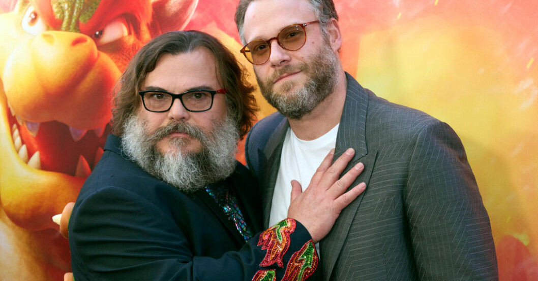 Skådespelarna Jack Black och Seth Rogen vid "Super Mario bros. filmen"-premiären. Arkivbild. Super Mario dominerar på amerikansk bio
