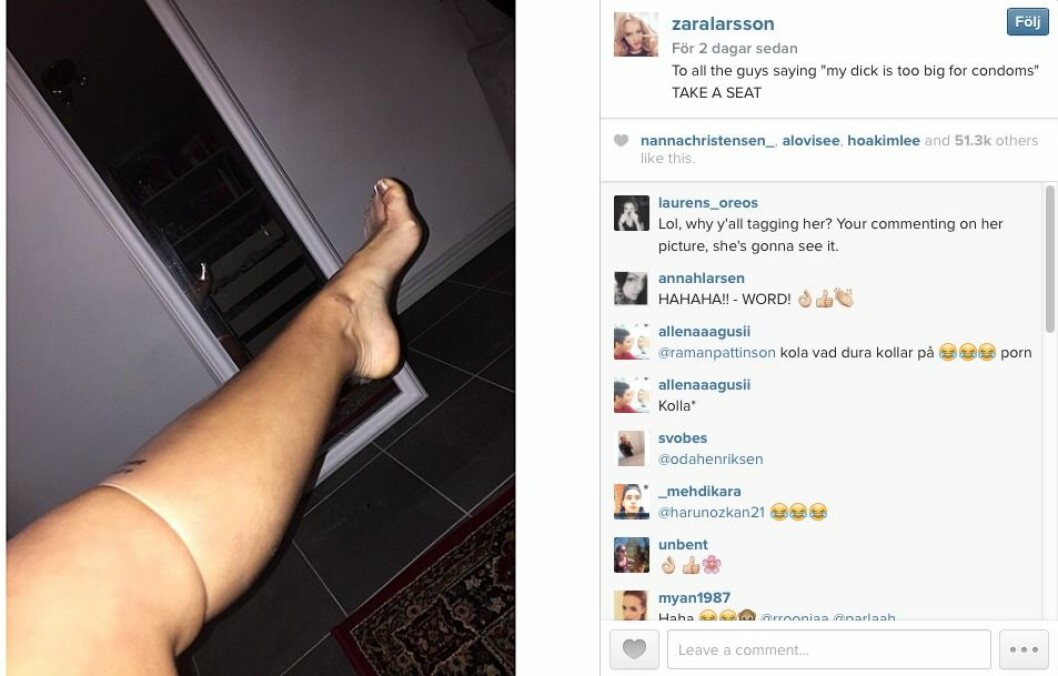 Zara Larssons uppmärksammade kondomtricks har blivit en hyllad internetsnackis. Foto: Zara Larssons Instagram. skarm