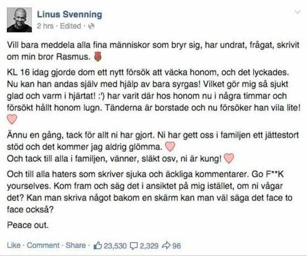 På Facebook skrev Linus om glädjebeskedet. Foto: Facebook På Facebook skrev Linus om glädjebeskedet. Foto: Facebook
