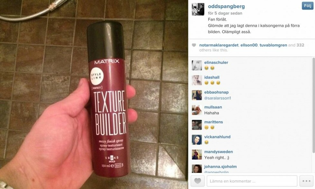 Blondinbellas man Odd Spångberg skojade om incidenten. Foto: Instagram Blondinbellas man Odd Spångberg skojade om incidenten. Foto: Instagram