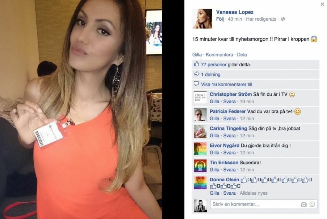 Vanessa Lopez blev hyllad av sina följare på Facebook efter sin medverkan. Foto: Vanessa Lopez/Facebook