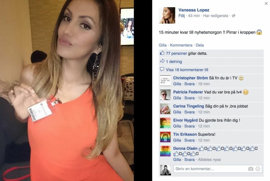 Vanessa Lopez blev hyllad av sina följare på Facebook efter sin medverkan. Foto: <a href="https://www.facebook.com/profile.php?id=772304486&fref=ts" target="_blank" rel="noopener">Vanessa Lopez/Facebook</a> Vanessa Lopez blev hyllad av sina följare på Facebook efter sin medverkan. Foto: Vanessa Lopez/Facebook