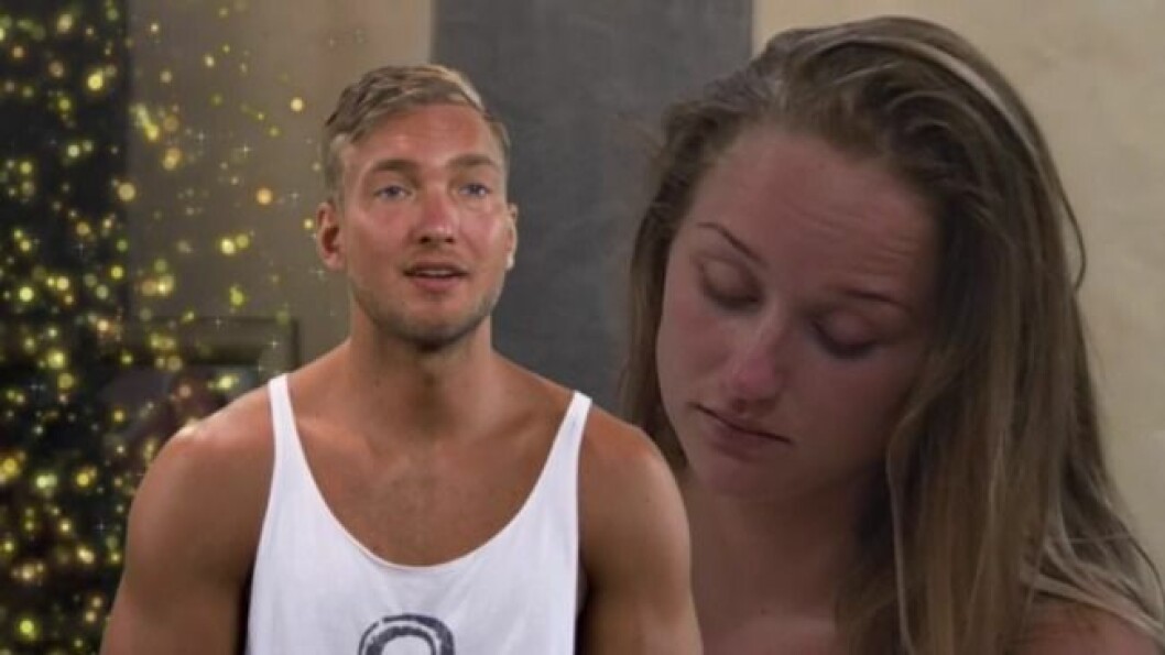 Jonathan Hermansson uppskattade inte Emelie Tornströms fejkade(?) utbrott. Foto: TV3 Skärmavbild 2015-09-14 kl. 14.22.20