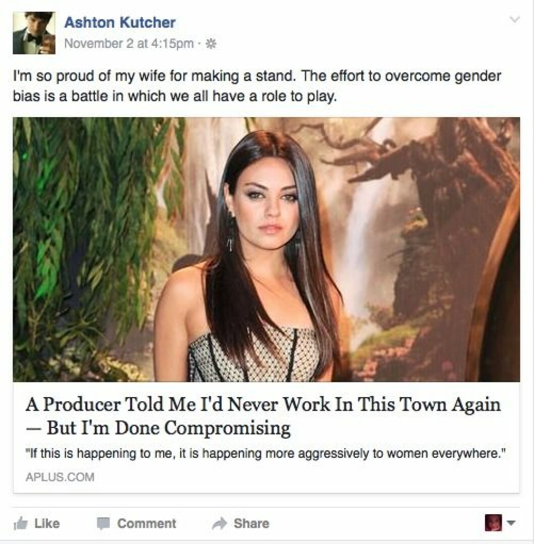 Ashton har delat inlägget på Facebook, där han uttrycket sin stolthet över Milas ord.