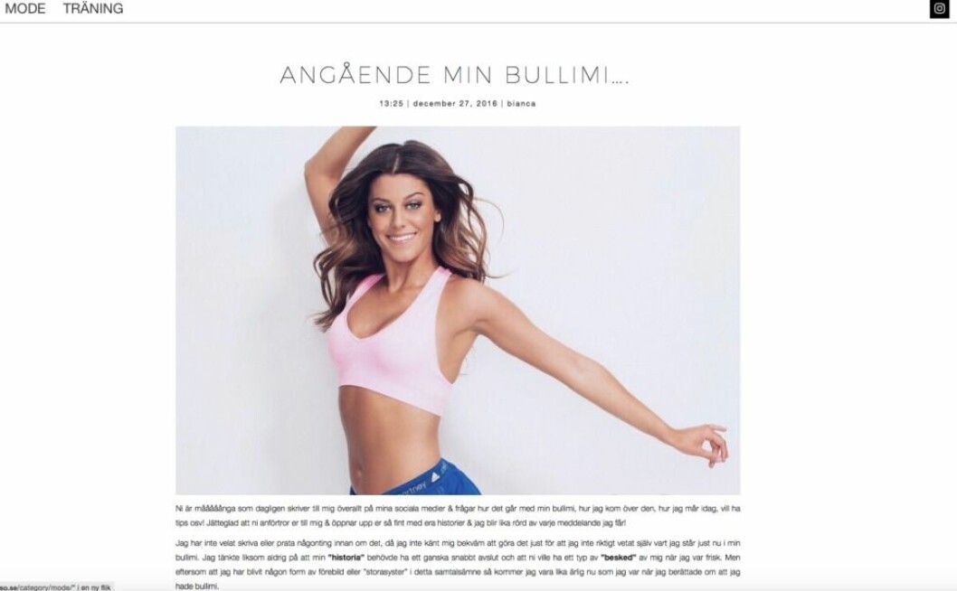 igår skrev Bianca ett långt utlämnande blogginlägg där hon berättade öppet och ärligt om sin ätstörning. skarmavbild-2016-12-28-kl-12-53-39