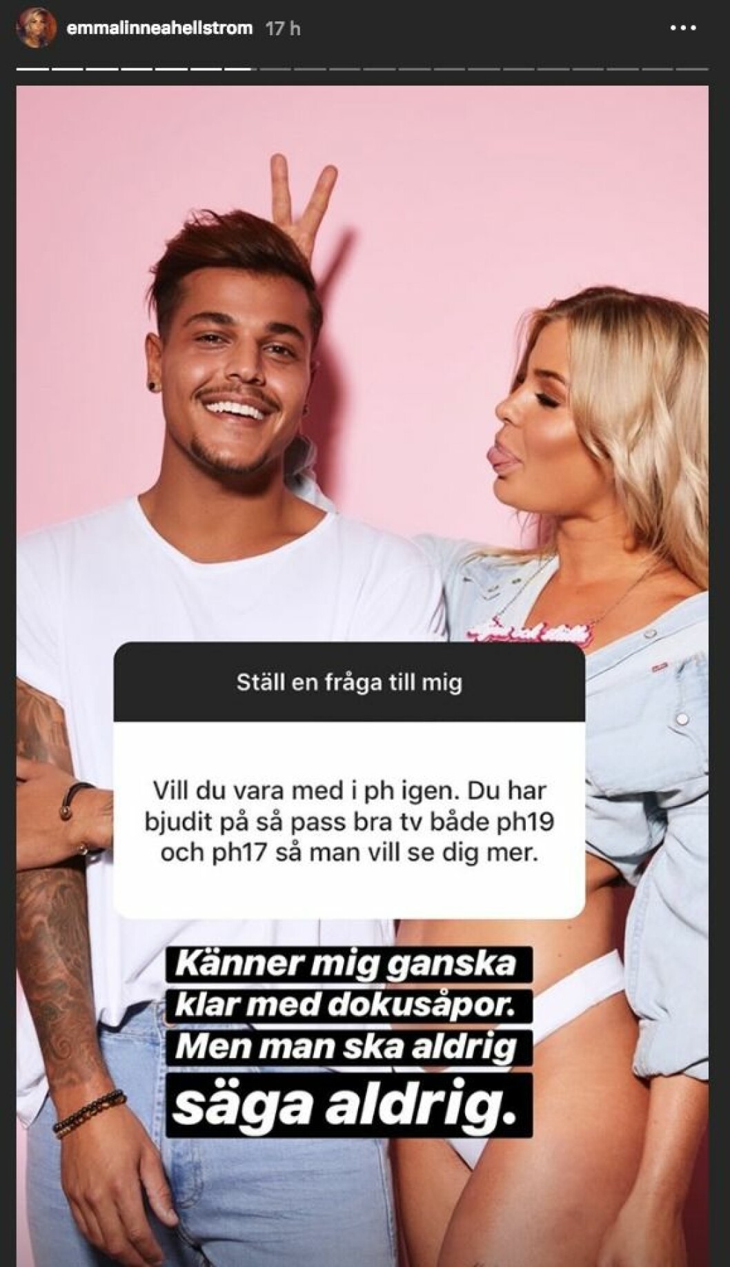 Emma Hellström svarar på frågan om ett kommande medverkande i Paradise Hotel. Emma Hellström svarar på frågan om ett kommande medverkande i Paradise Hotel.