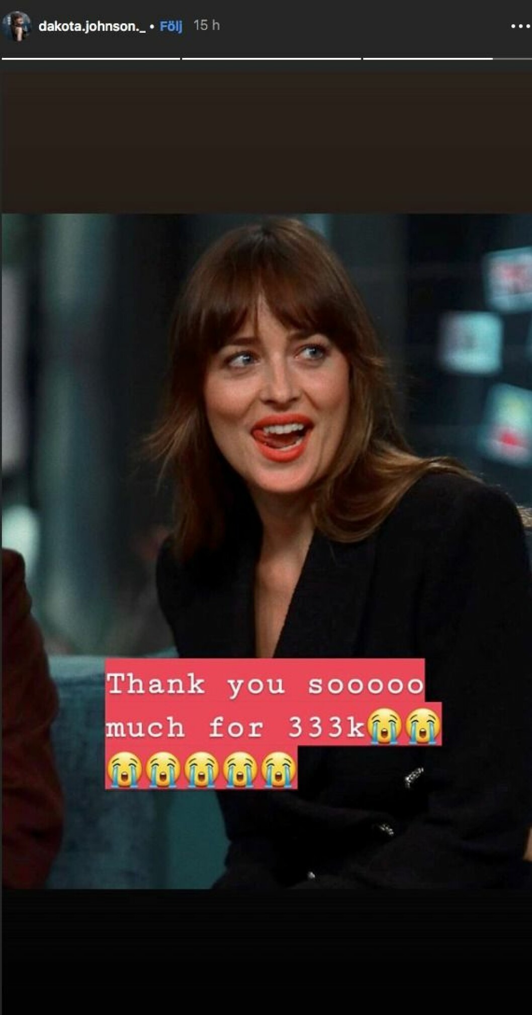 Dakota Johnson efter att täppt igen gluggen. Foto: Instagram Dakota Johnson efter att täppt igen gluggen.