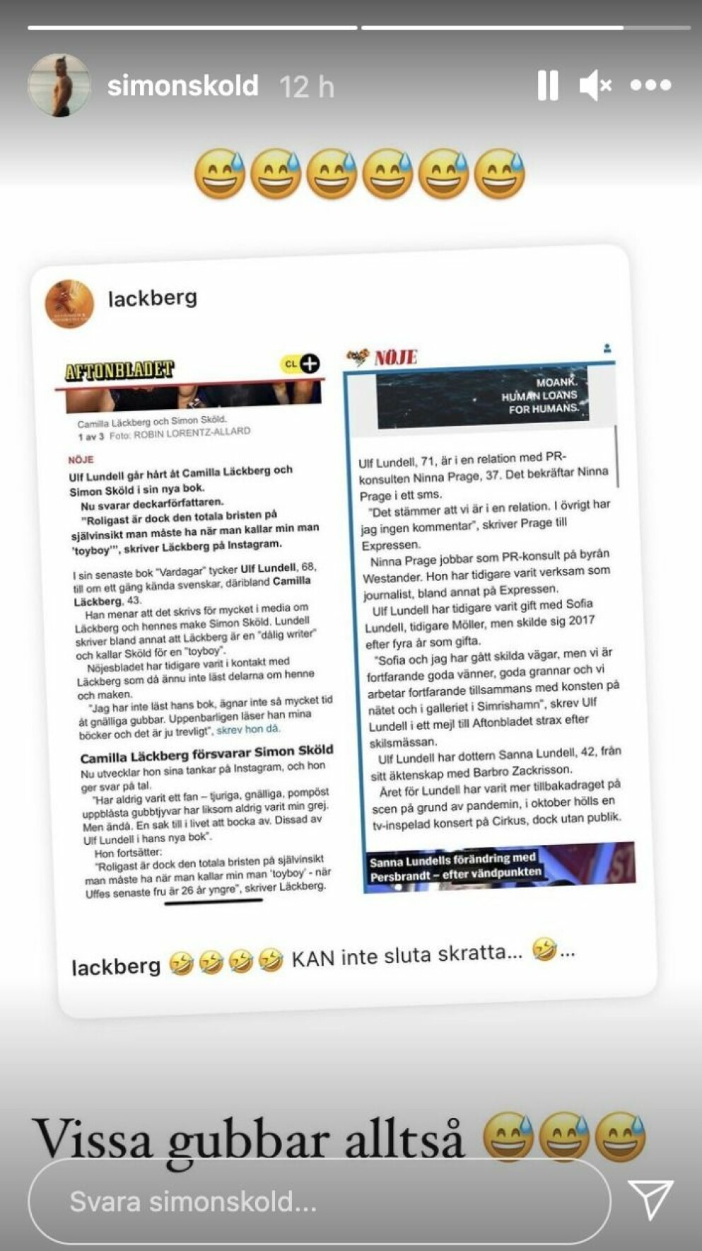 Bild från Simon Skölds Instagramstory.