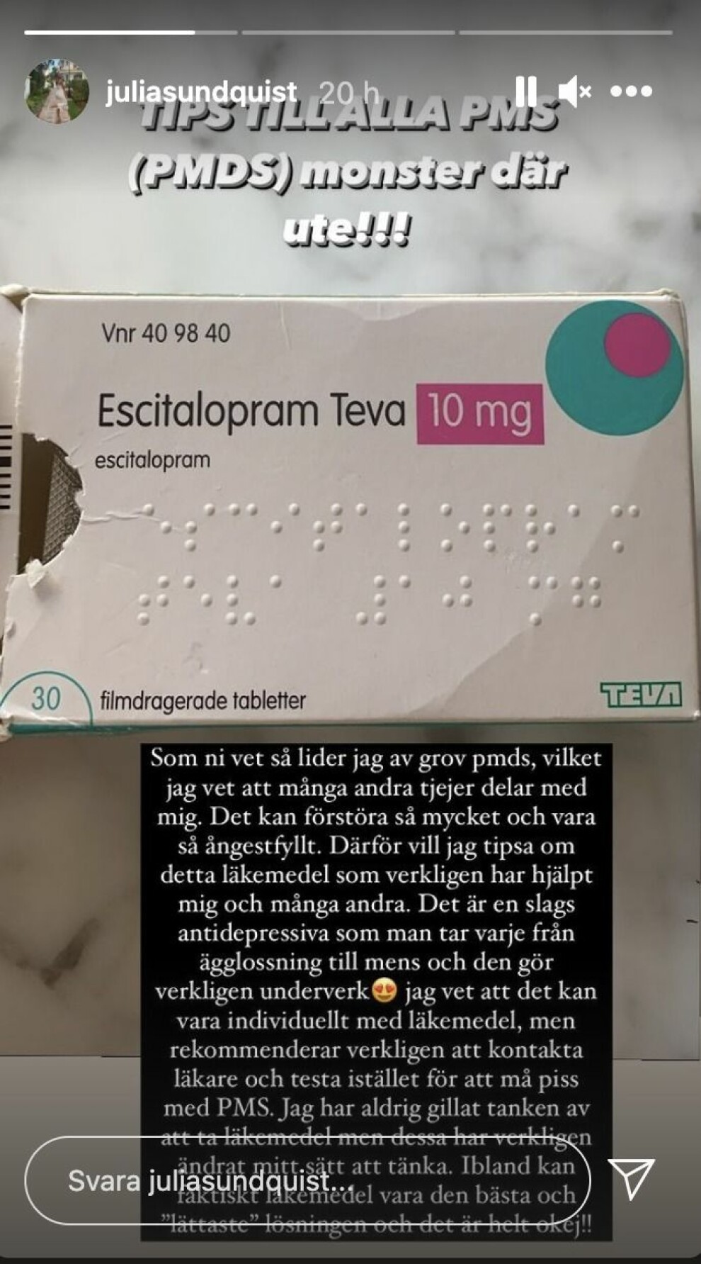 Bild från <a target="_blank" href="https://www.instagram.com/juliasundquist/">Julia Sundqvist Instastory</a> Julia Sundqvist
