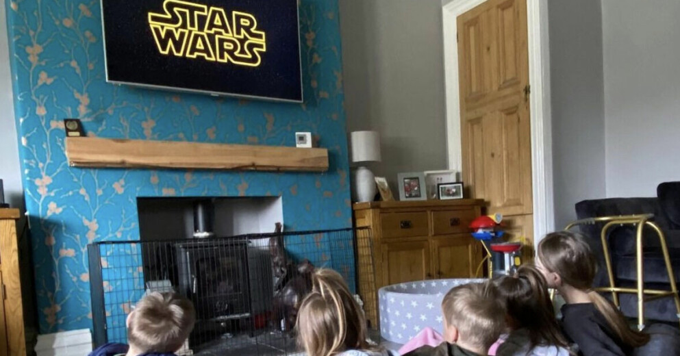 Om var oklar film utomhus, är den desto klarare inomhus. Här ska några av barnen precis börja titta på Star Wars. Radfords tittar på Star Wars