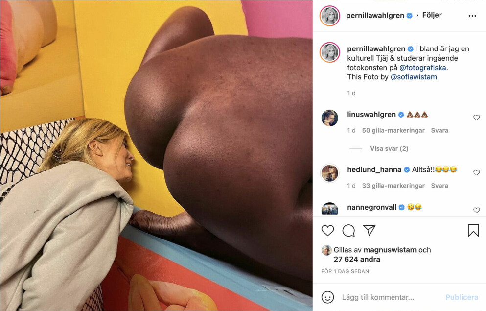 Pernilla Wahlgrens humoristiska bild väckte en del reaktioner.