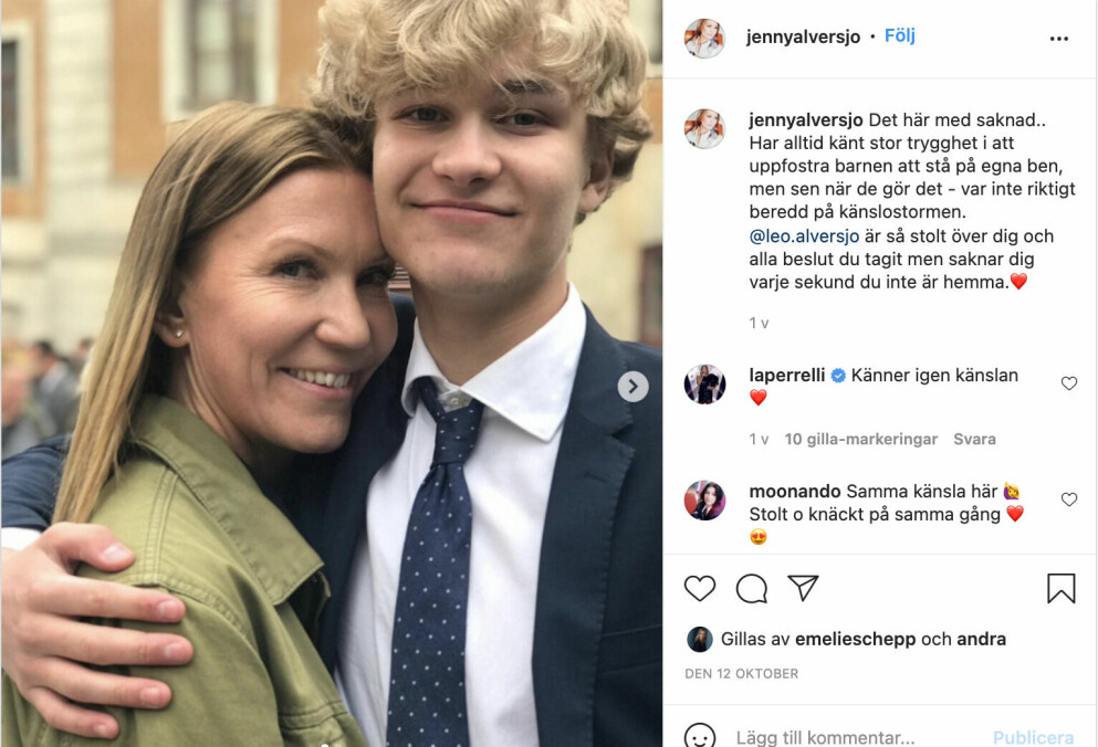 <span class=" italic" data-lab-italic_desktop="italic">Jenny Alversjös känslosamma ord efter att sonen Leo flyttat hemifrån. Foto: Jenny Alversjö/Instagram</span>