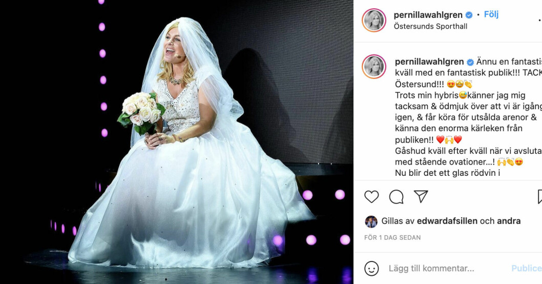 <span class=" italic" data-lab-italic_desktop="italic">Pernilla Wahlgren hade bland annat på sig i en brudklänning under hennes shower. Foto: Pernilla Wahlgren/Instagram </span>