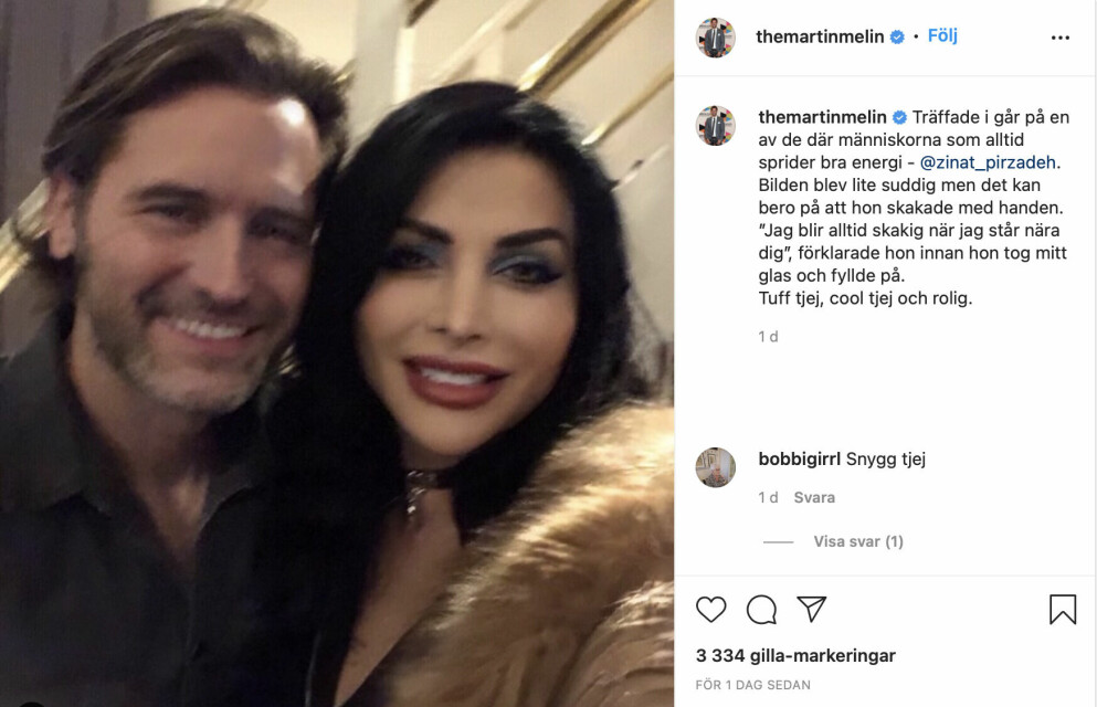 <span class=" italic" data-lab-italic_desktop="italic">Martin Melin och Zinat Pirzadeh. Foto: Instagram</span>