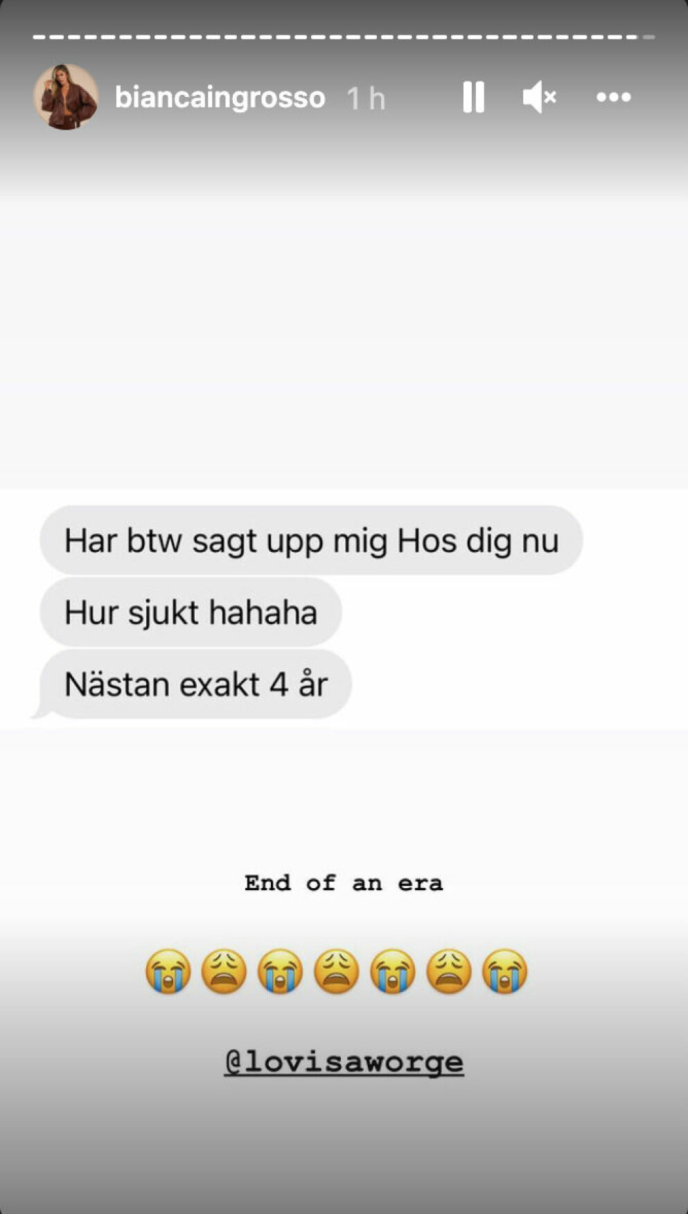 Lovisa har sagt upp sig i Bianca Ingrossos bolag. Lovisa säger upp sig hos Bianca
