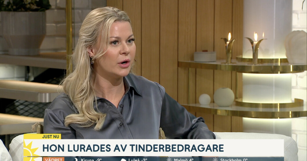 Pernilla Sjöholm berättar i TV4 hur hon lurades av Tindersvindlaren Shimon Hayut. Pernilla Sjöholm