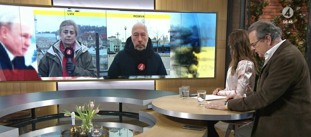 Ritva befinner sig i staden Lviv i Ukraina där hon senare behövt ta på sig skyddsutrustning. TV4 har reportrar i städerna.