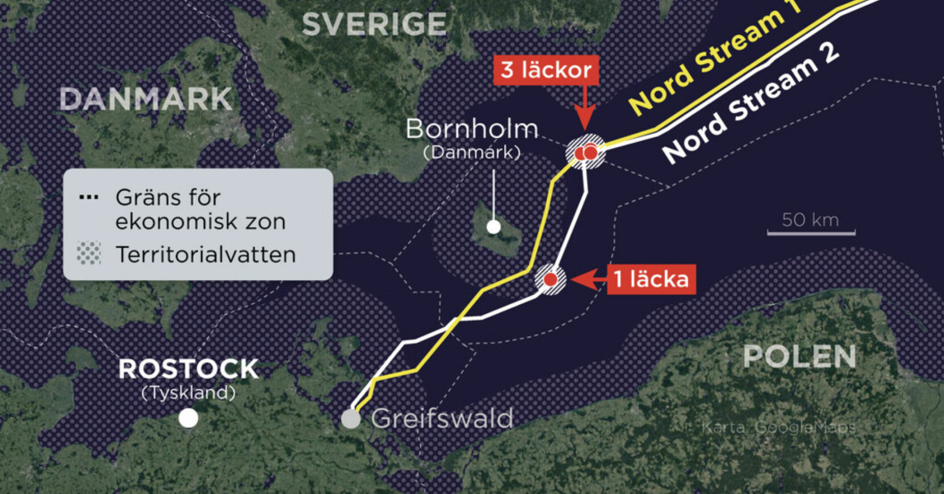 Karta över Nord Streams sträckning samt en markör för var Rostock ligger. Där hyrdes båten som kan vara inblandad i sabotaget.