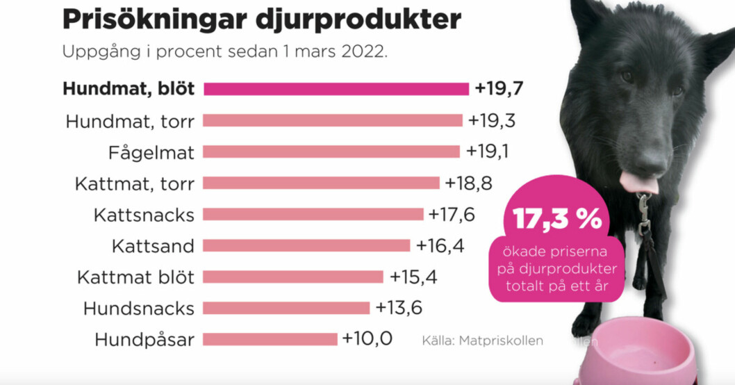 Även hundmaten har skenat iväg rent prismässigt. Nästan en 20-procentig ökning på ett år. Även hundmaten har skenat iväg rent prismässigt. Nästan en 20-procentig ökning på ett år.