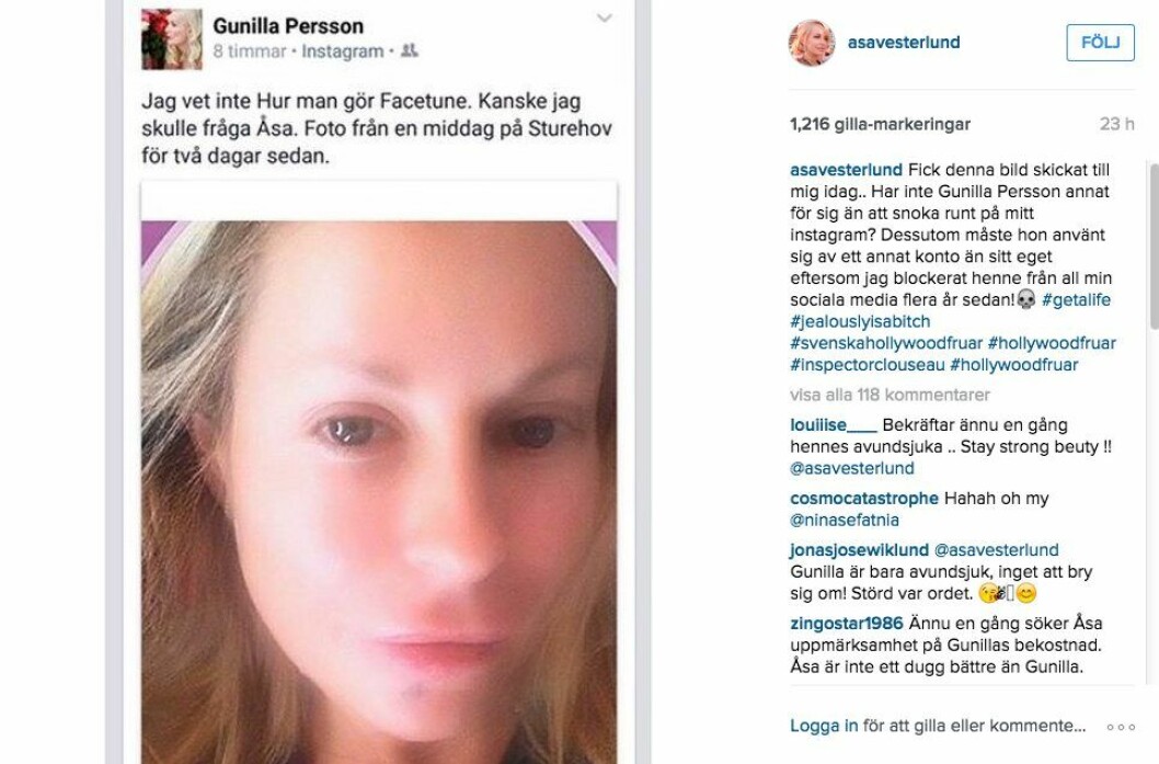Gunilla Perssons utspel på Åsa Vesterlund på Instagram. Foto: <a href="http://instagram.com">Instagram</a> skarmavbild-2015-06-15-4.jpg
