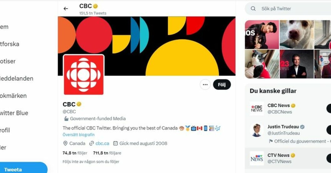 Skärmbild som visar CBC:s Twitterkonto med den nya stämpeln. Kanadas CBC pausar Twitternärvaro