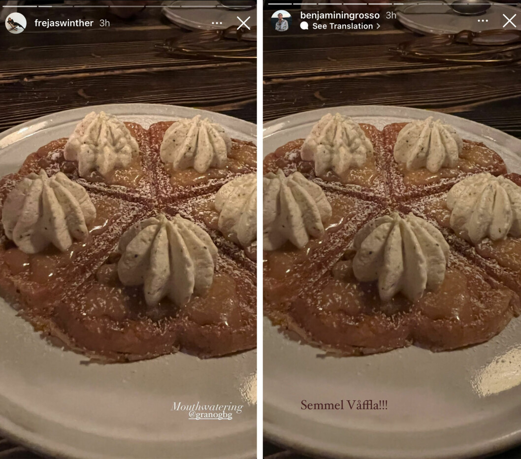 Skärmdump på Benjamin Ingrossos och Frøya Sofie Winthers Instagram storys. Här vankas det efterrätt! Skärmdump på Benjamin Ingrossos och Frøya Sofie Winthers Instagram storys. Här vankas det efterrätt!